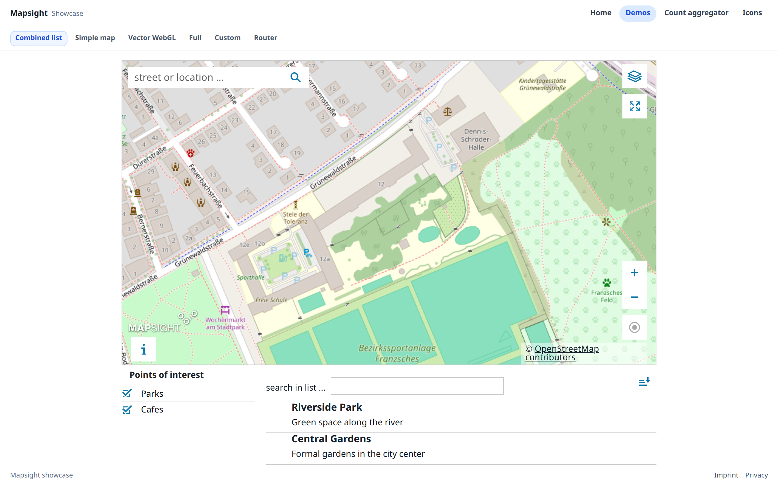 Vollständige zwischengespeicherte Mapsight-Showcase-Aufnahme mit Karte, Liste und ursprünglichen Quellenangaben.